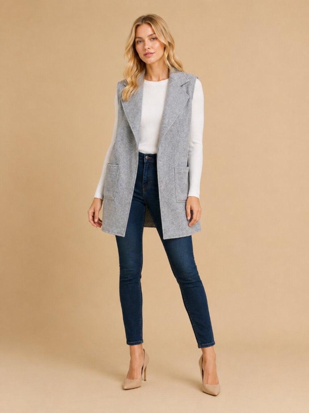 TAHARI Wool Blend Collared Longline Open Front Vest Heather Gray XL #A4242